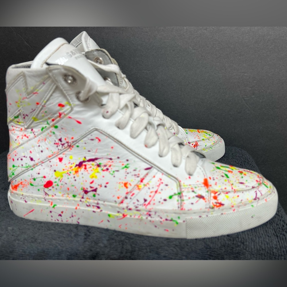 Zadig & Voltaire High Flash Keith Leather Hi White Graffiti Sneakers Women’s 38 - Picture 2 of 11